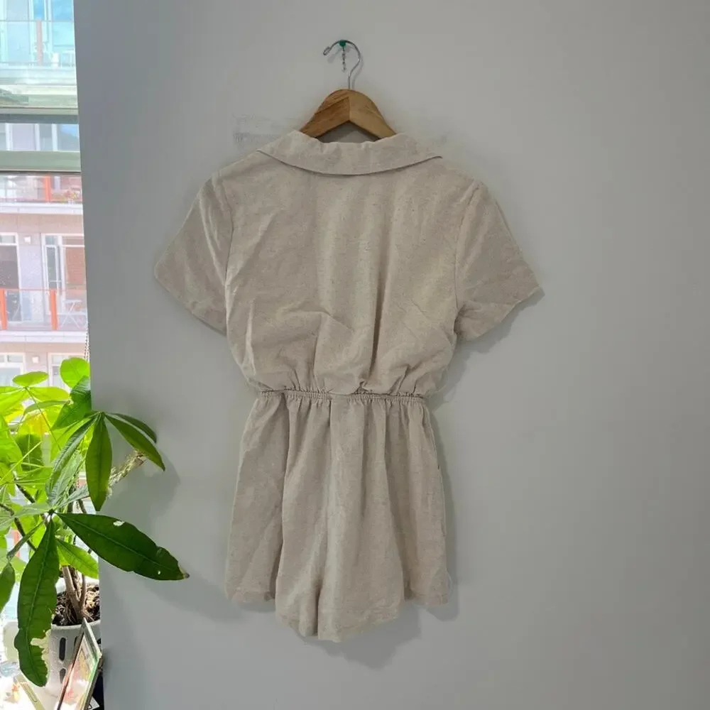 Princess Polly Cream Plunge Neck Short Sleeve Romper Size 4